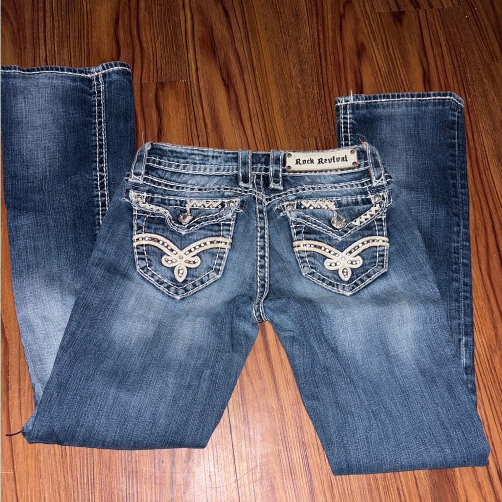 Rock Revival Blue Denim Boot Cut Jeans with Embellished Back Pockets